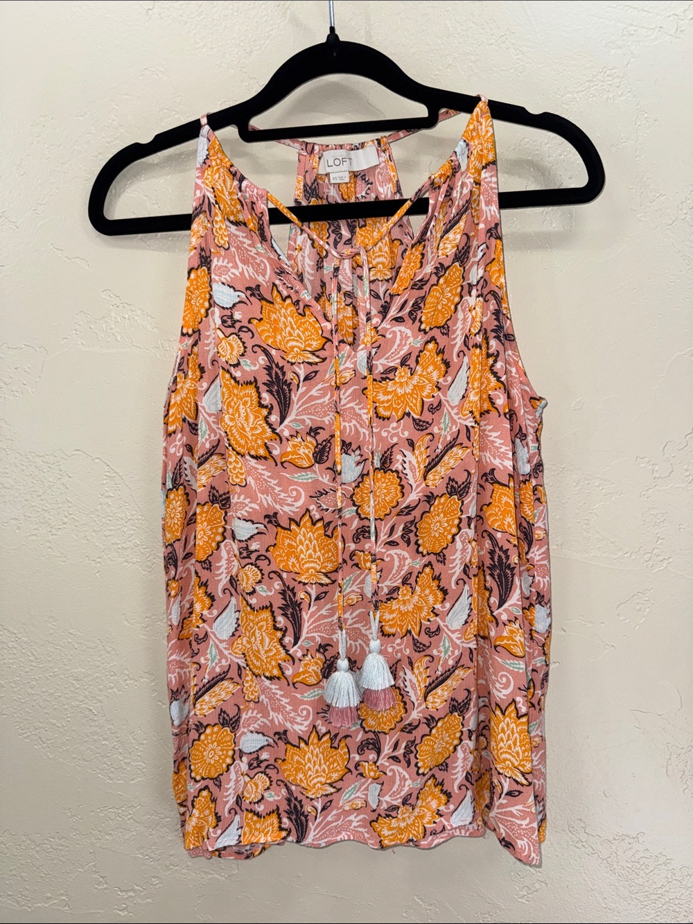 LOFT Pink and Yellow‎ Floral Tassel Halter Camisole Boho Coastal Cowgirl XS
